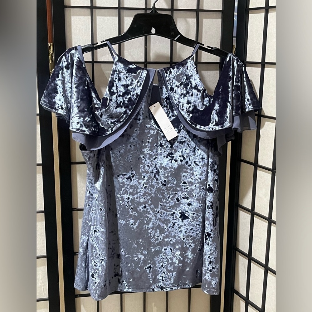 W H B M BLUE CRUSH Velvet Cold-Shoulder FLOUNCE BLOUSE WOMEN ZIZE M - Picture 4 of 8